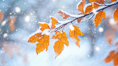 Vibrant Autumn Leaves Covered in Snowflakes Against a Wintry Backdrop