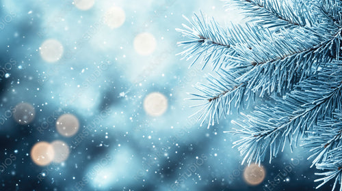 Frost-covered evergreen branch with glowing holiday lights in a serene snowy background