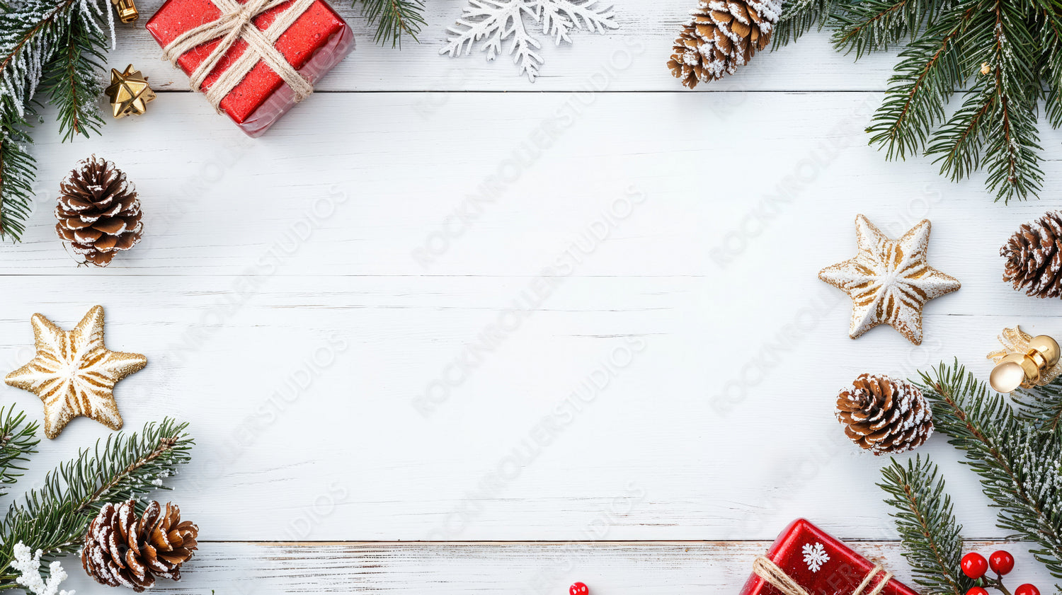 Holiday Gift Boxes, Pine Cones, and Fir Branches on White Wood Table for Christmas