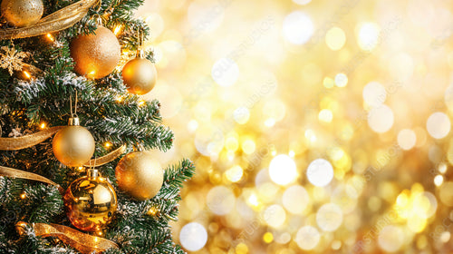 Golden Christmas Tree Ornaments and Sparkling Lights Against a Warm Holiday Background