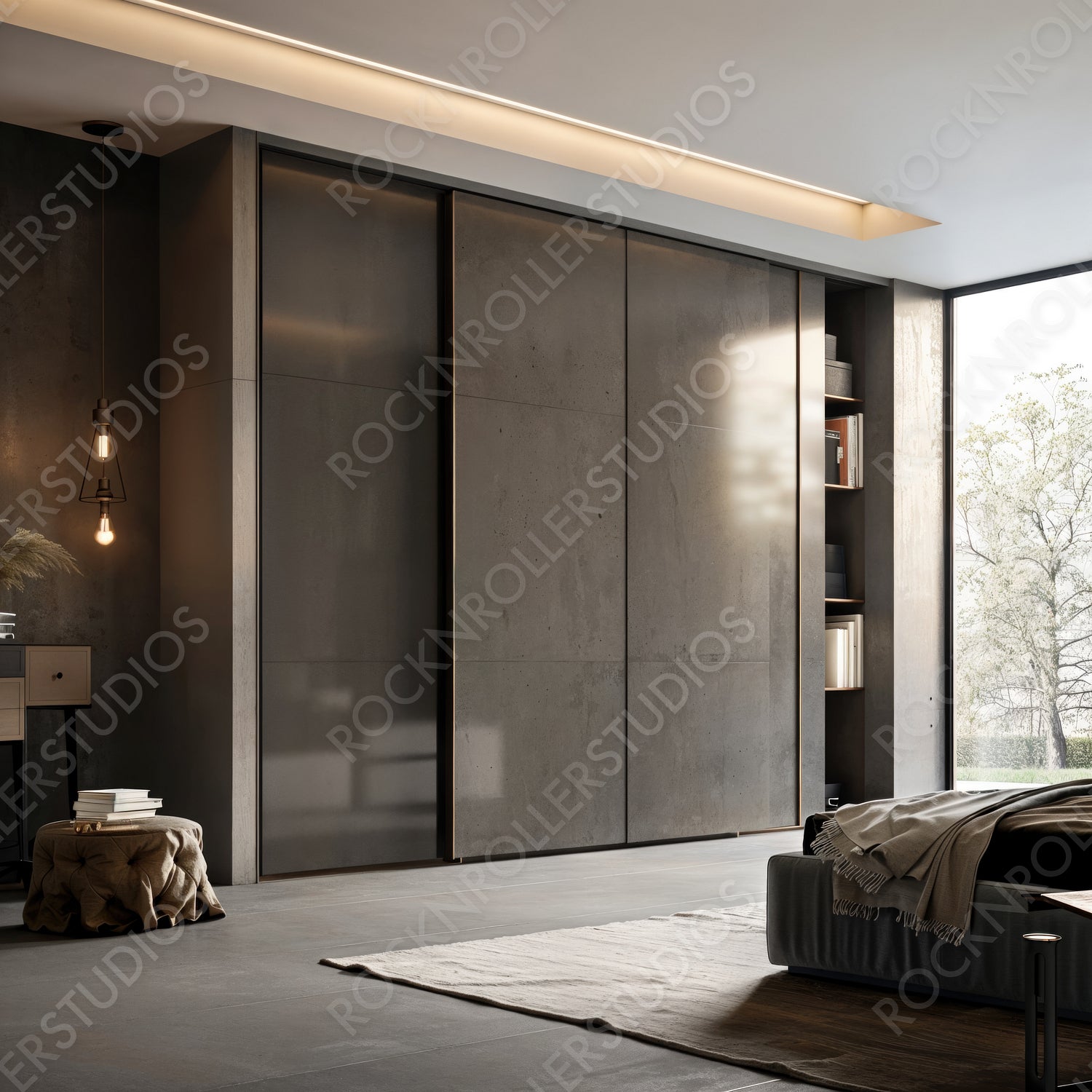 Sleek and Modern Bedroom Oasis with Industrial Chic Elements and Natural Light