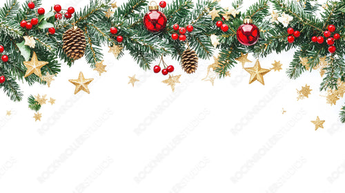 Festive Christmas Pine Cones and Ornaments with Golden Stars and Red Berries