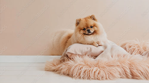 Adorable Pomeranian Puppy Relaxing on Soft Pink Cushions