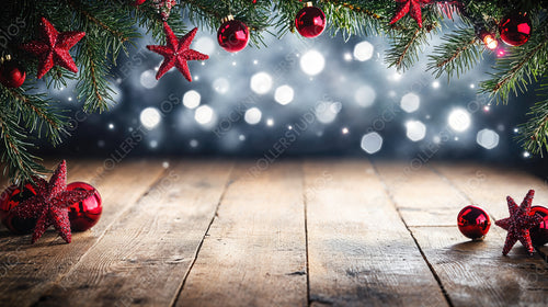 Festive Christmas Scene with Lights, Pine Branches, Ornaments, and Holly on Rustic Wooden Table