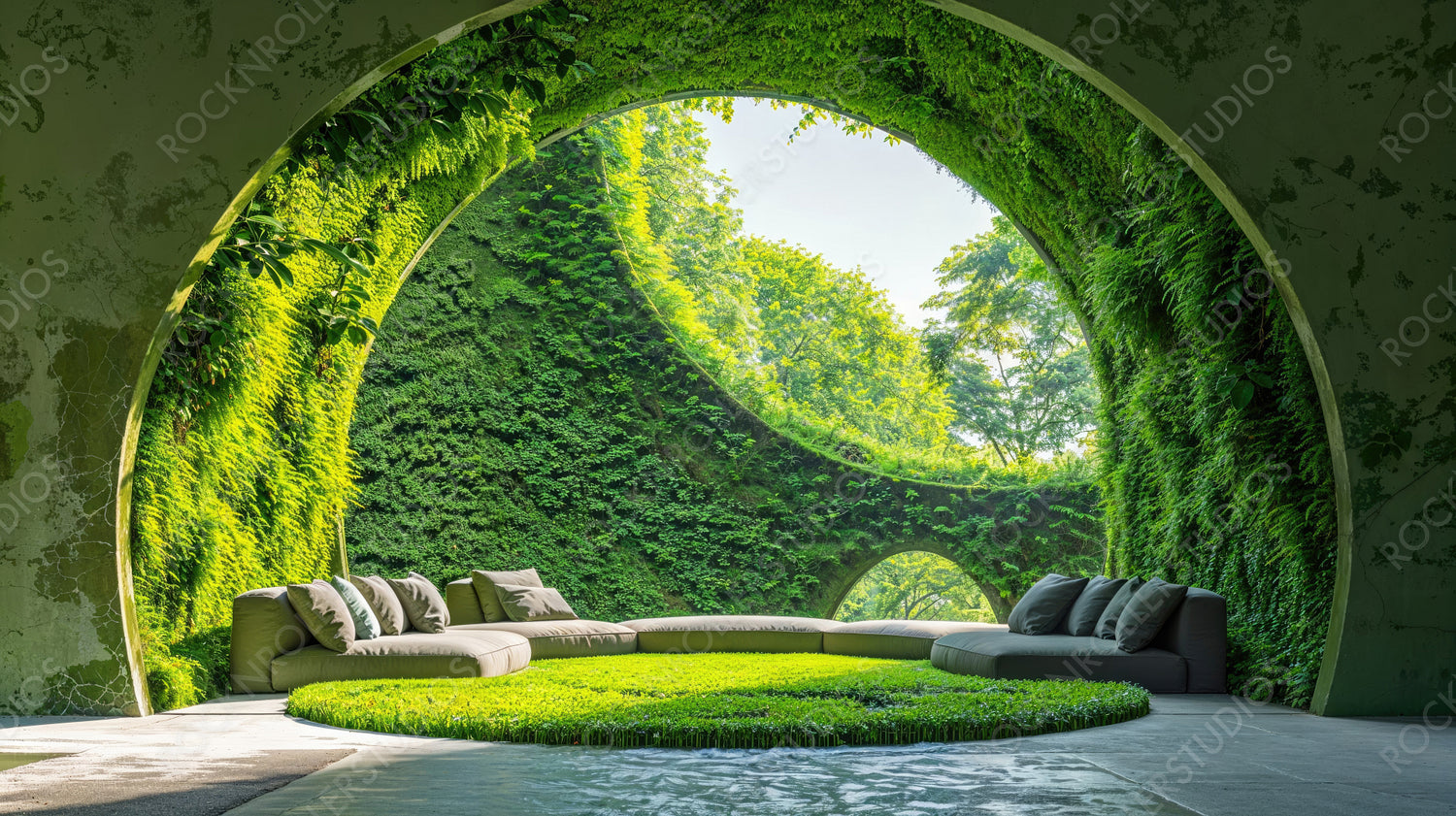 Eco-friendly living room with lush green vertical garden and natural lighting