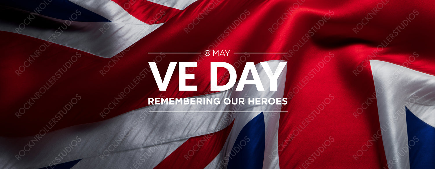 Dramatic VE Day Tribute: Union Jack Flag with 'Remembering Our Heroes' Text