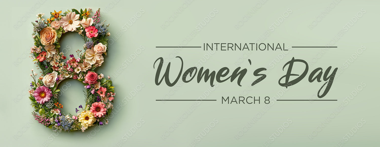 Elegant Botanical Banner to Celebrate International Woman's Day. Green Floral Design with Number 8, Flowers and Caption.
