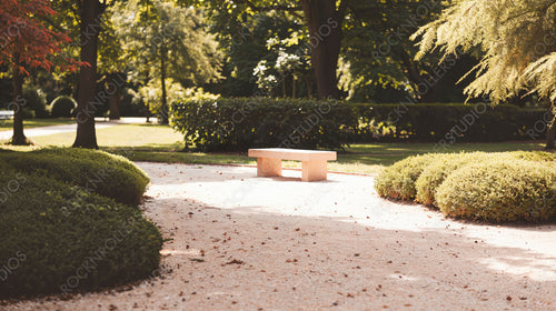 Serene Garden Path with Stone Bench and Lush Greenery