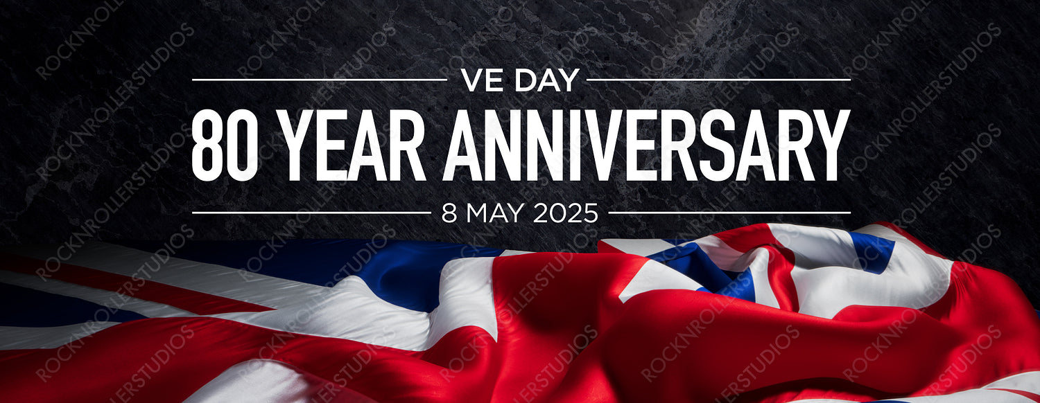 Commemorative VE Day 80th Anniversary Banner with Union Jack on Textured Background