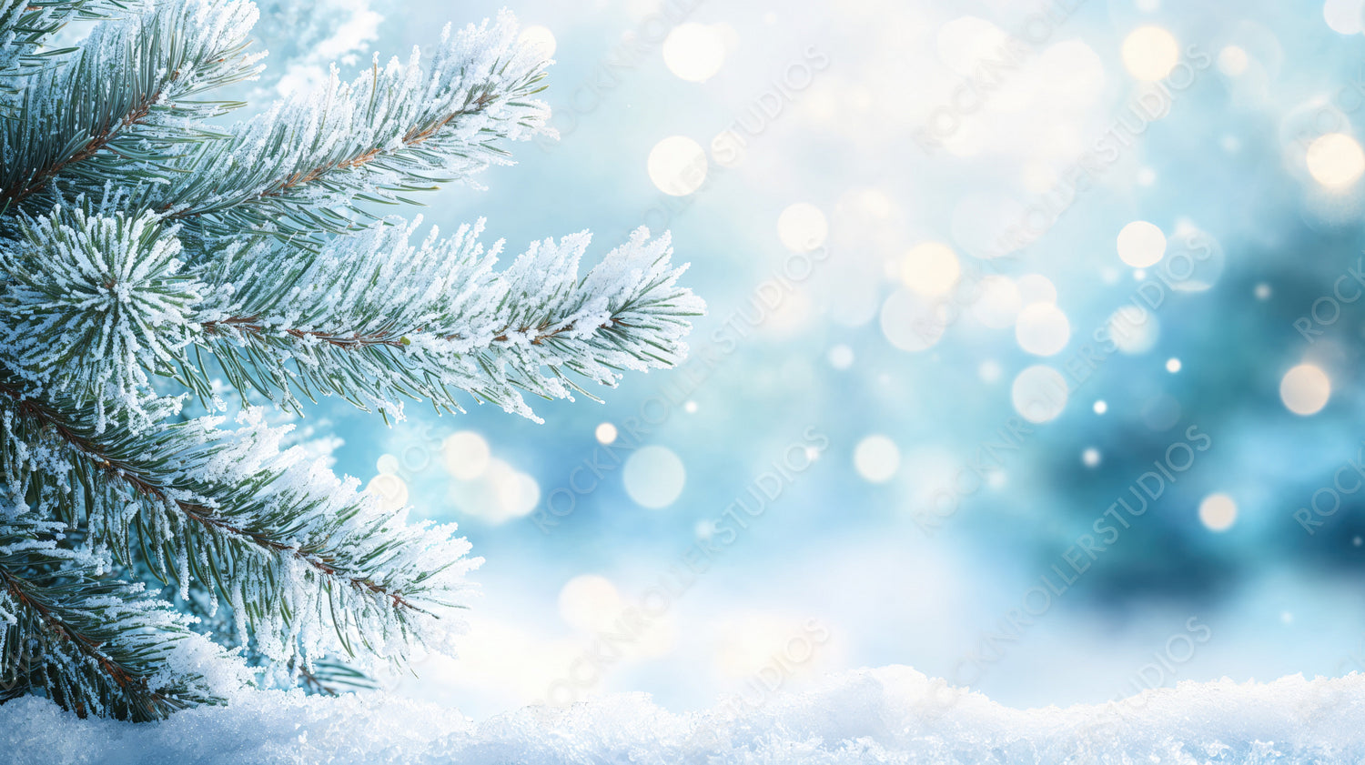 Snow-Covered Pine Branches and Frosty Bokeh Winter Wonderland Background