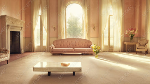 Sunlit Elegance: Serene Living Room with High Ceilings, Arched Windows, and Chic Pastel Decor