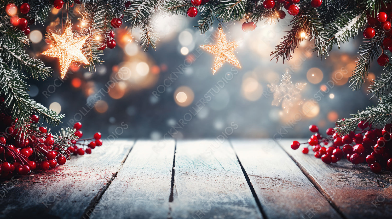 Festive Christmas Scene with Lights, Pine Branches, Ornaments, and Holly on Rustic Wooden Table