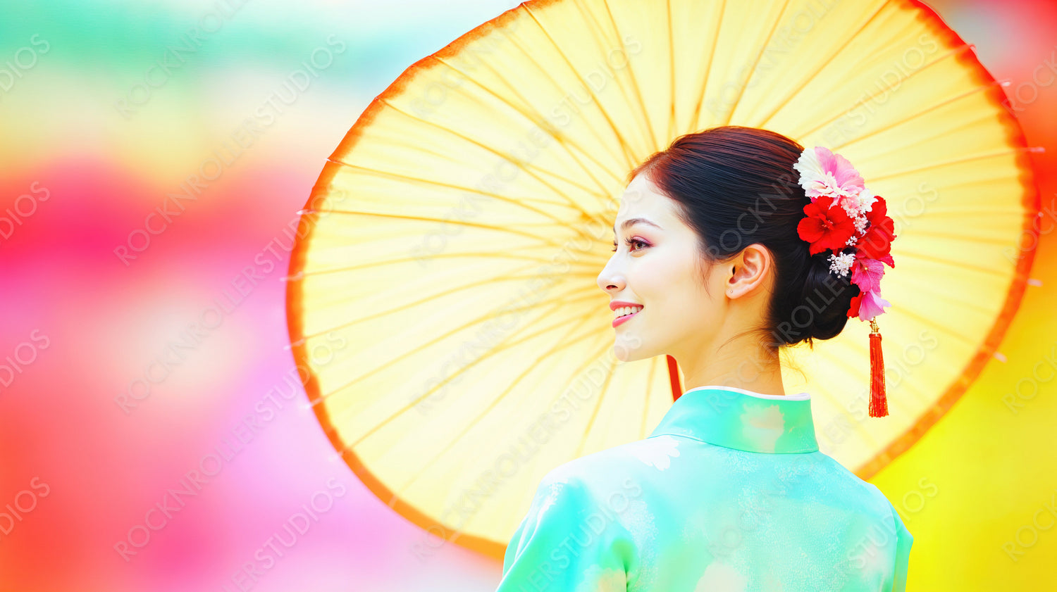 Radiant Asian Elegance: Woman in Cheongsam or Kimono with Floral Hairstyle & Yellow Umbrella