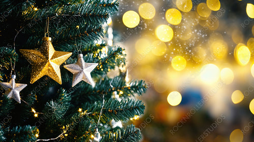 Golden holiday glow with sparkling Christmas lights and a decorated tree adorned with a glittering star