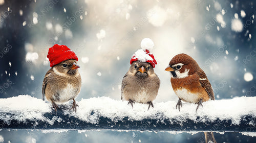 Two Adorable Sparrows in Red Hats Perched on Snowy Branch in Winter Wonderland