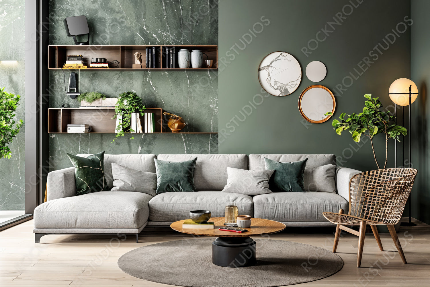 Chic Modern Living Room with Gray Sofa, Rattan Chair, and Elegant Green Marble Wall