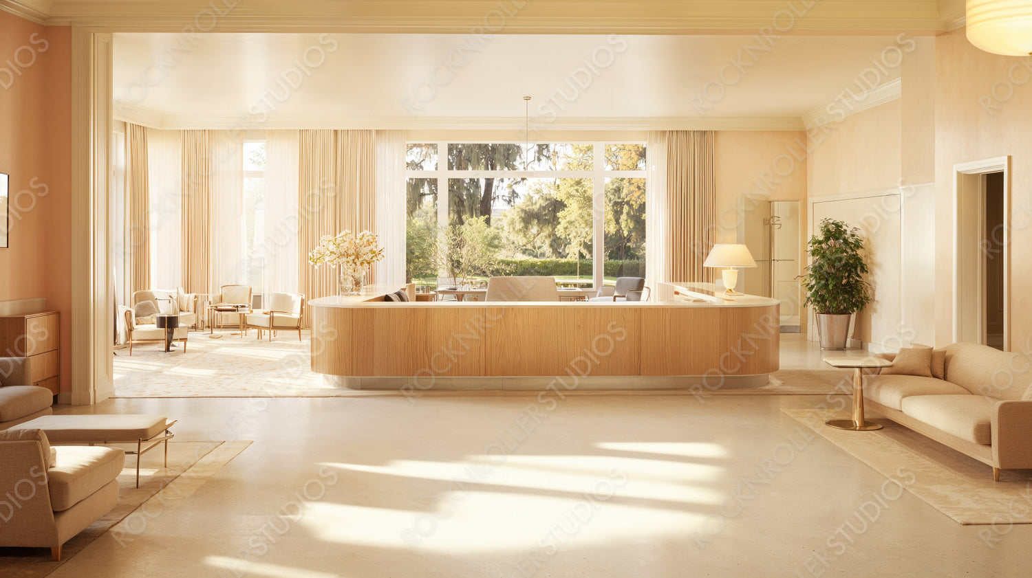 Modern Luxury Defined: Elegant Hotel Lobby with Natural Light and Minimalist Decor