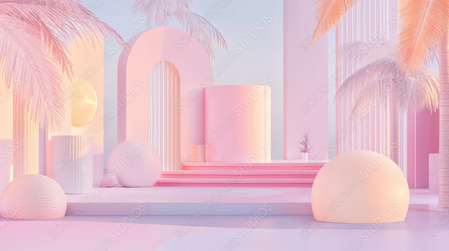 Surreal Minimalist Oasis: Pastel Archways and Tropical Palms in a Geometric Dreamscape