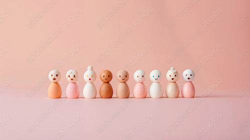 Colorful Wooden Figures Representing Diversity on Pink Background