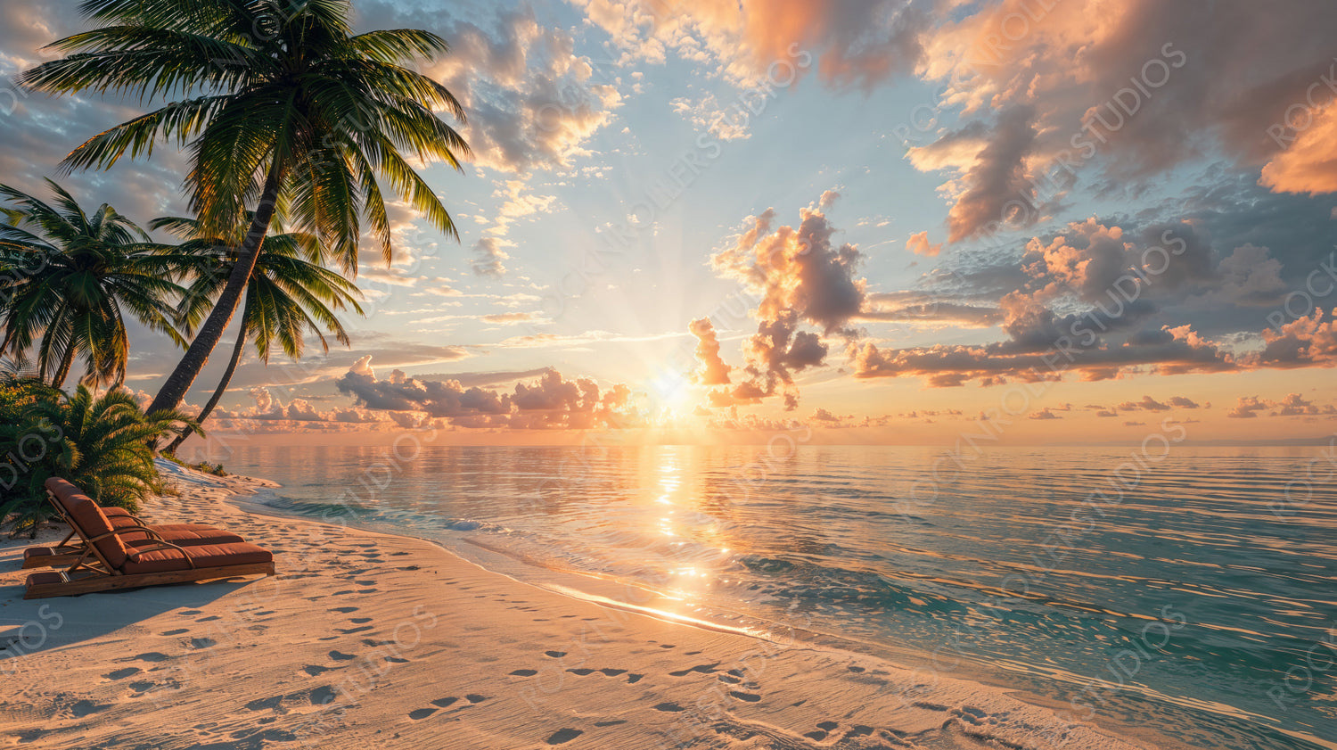 Golden Hour Paradise: Serene Tropical Beach with Palm Trees at Sunrise/Sunset