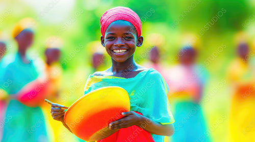 Joyful Young Girl in Traditional Attire at a Vibrant Outdoor Celebration