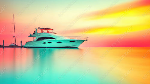 Luxurious Yacht at Sunset: A Serene Seascape with Vibrant, Surreal Colors