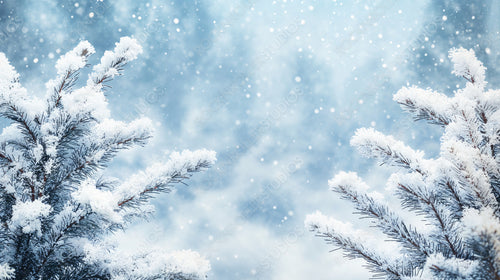 Snowy pine branches dusted in sparkling snowflakes with a dreamy wintery background