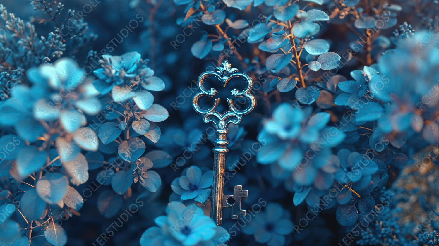 Vintage Key Amongst Lush Blue Shrubbery in a Dreamy Setting