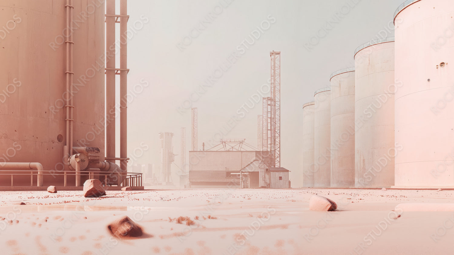 Industrial Landscape with Large Storage Tanks and Pipelines