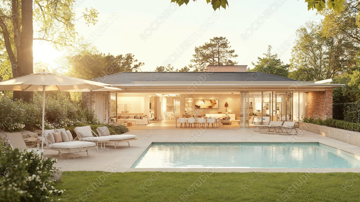 Sunset Serenity at a Luxurious Modern Home with Pool and Elegant Decor