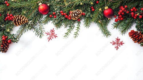 Festive Christmas decorations with red ornaments, pinecones, and fresh evergreen branches