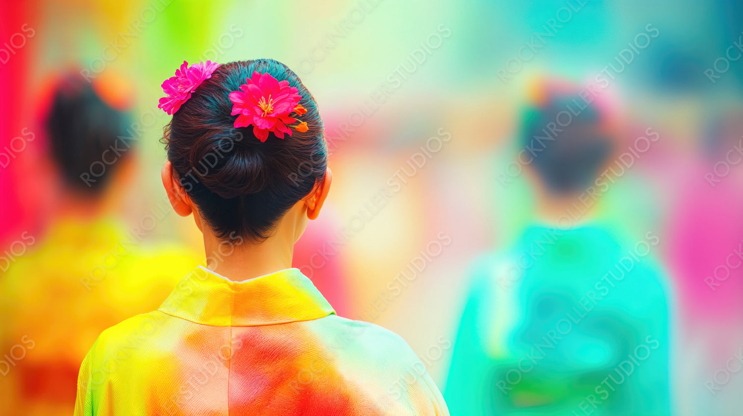 Vibrant Festival Elegance: Woman with Floral Hair in Traditional Attire