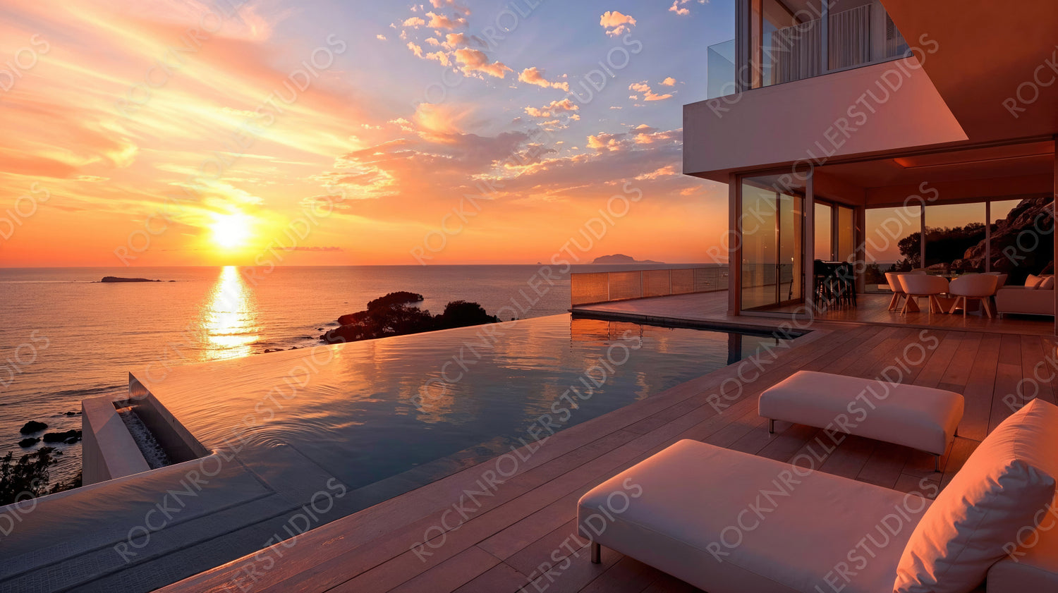 Luxury Villa Terrace with Infinity Pool and Scenic Sunset Ocean View