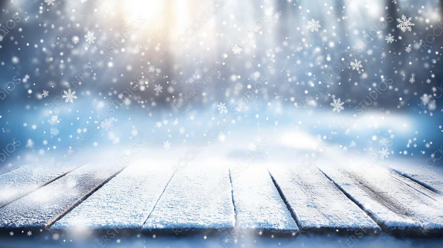 Frozen Wooden Deck Under a Magical Snowfall, Featuring Twinkling Lights and Snowflakes