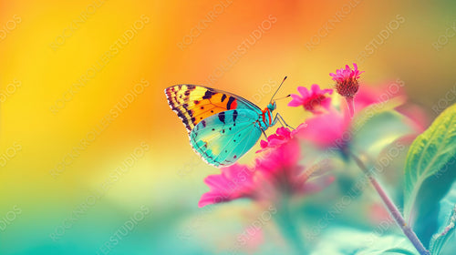 Stunning Macro Shot of a Colorful Butterfly on a Pink Flower Against a Gradient Sunset