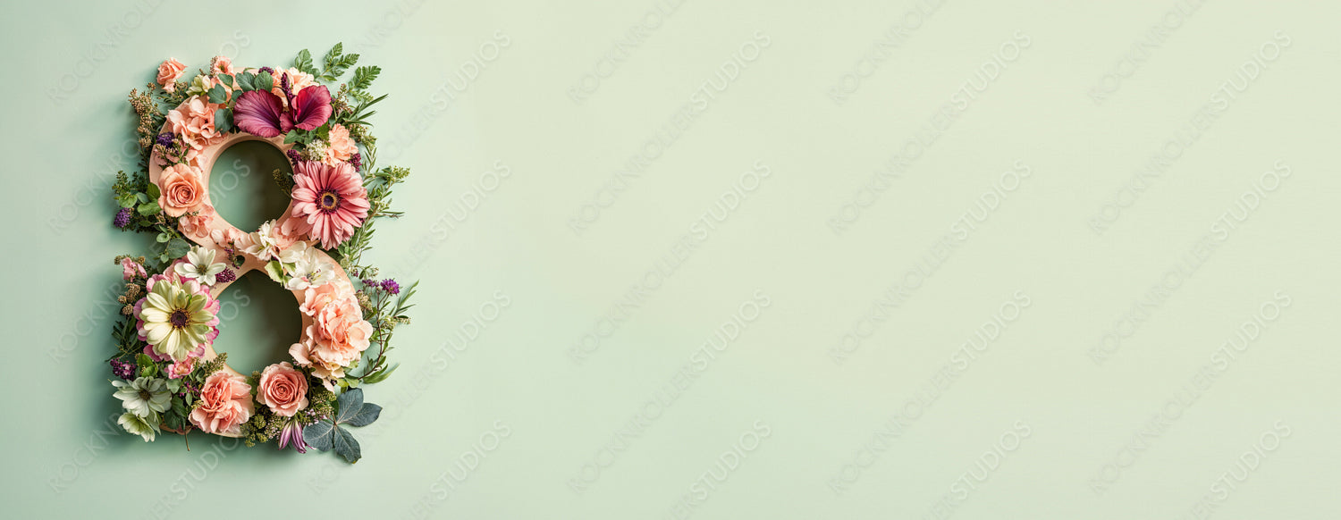 Green Floral Banner to Celebrate International Woman's Day. Beautiful Botanical Design with Number 8, Flowers and Caption.