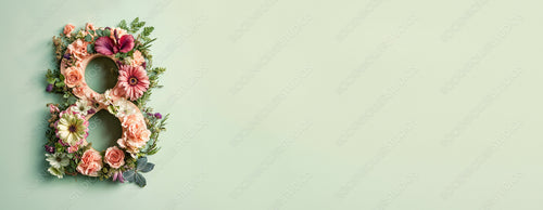 Green Floral Banner to Celebrate International Woman's Day. Beautiful Botanical Design with Number 8, Flowers and Caption.