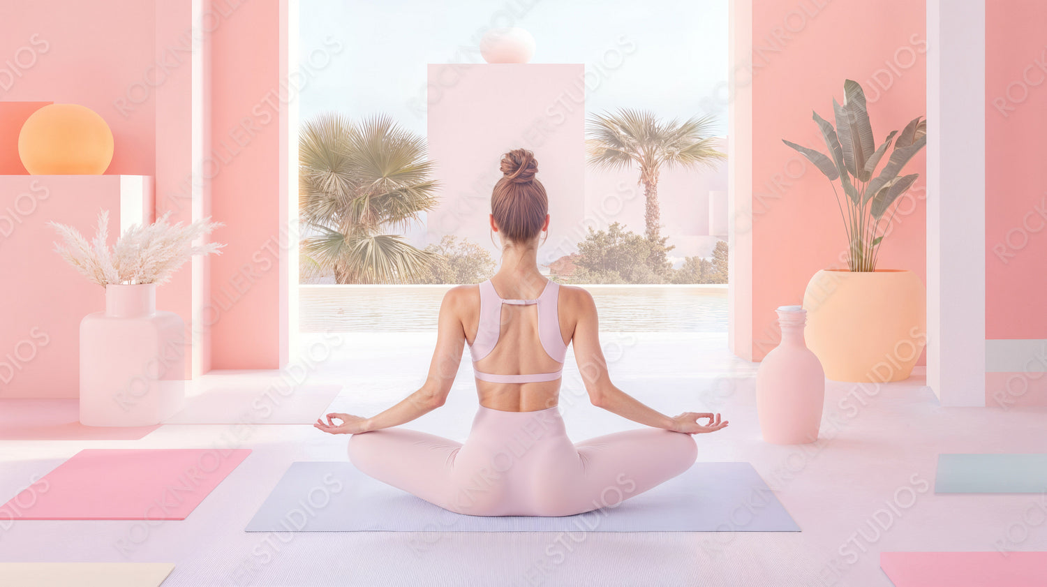 Serene Modern Yoga Retreat: Woman Meditating in Minimalist Pastel Room with Waterfront View
