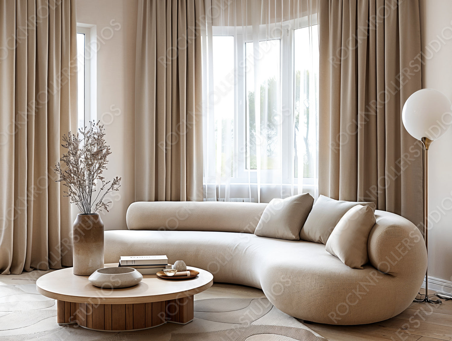 Chic Minimalist Living Room with Contemporary Curved Sofa and Warm Natural Light