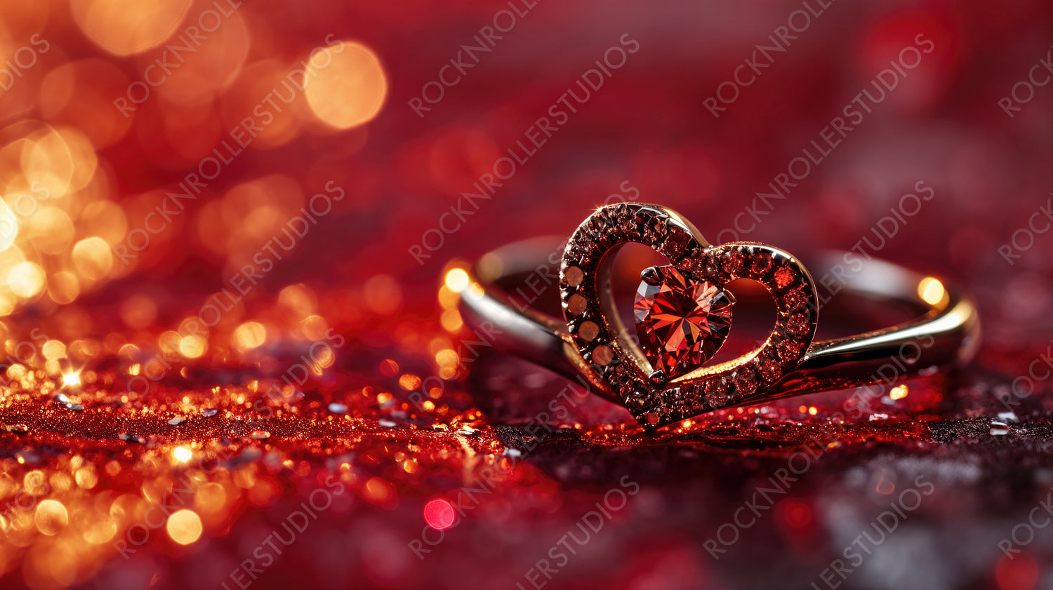 Enchanting Heart-Shaped Ring with Gemstones on a Sparkly Red Background : Perfect for Romance