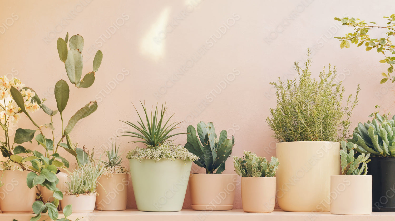 Charming Indoor Garden Oasis: Potted Succulents & Cacti Against a Peach Wall