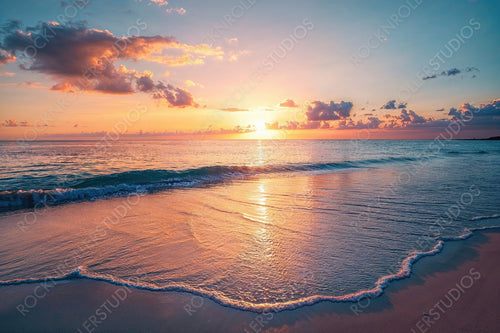 Romantic Sunrise Beach in the Seychelles. Calm Honeymoon Shoreline. Summer banner.