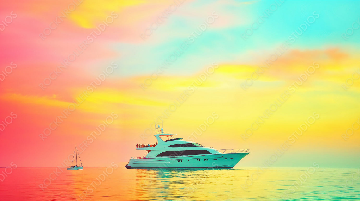 Luxurious Sunset Yacht and Serene Sailboat Against Vibrant Sky