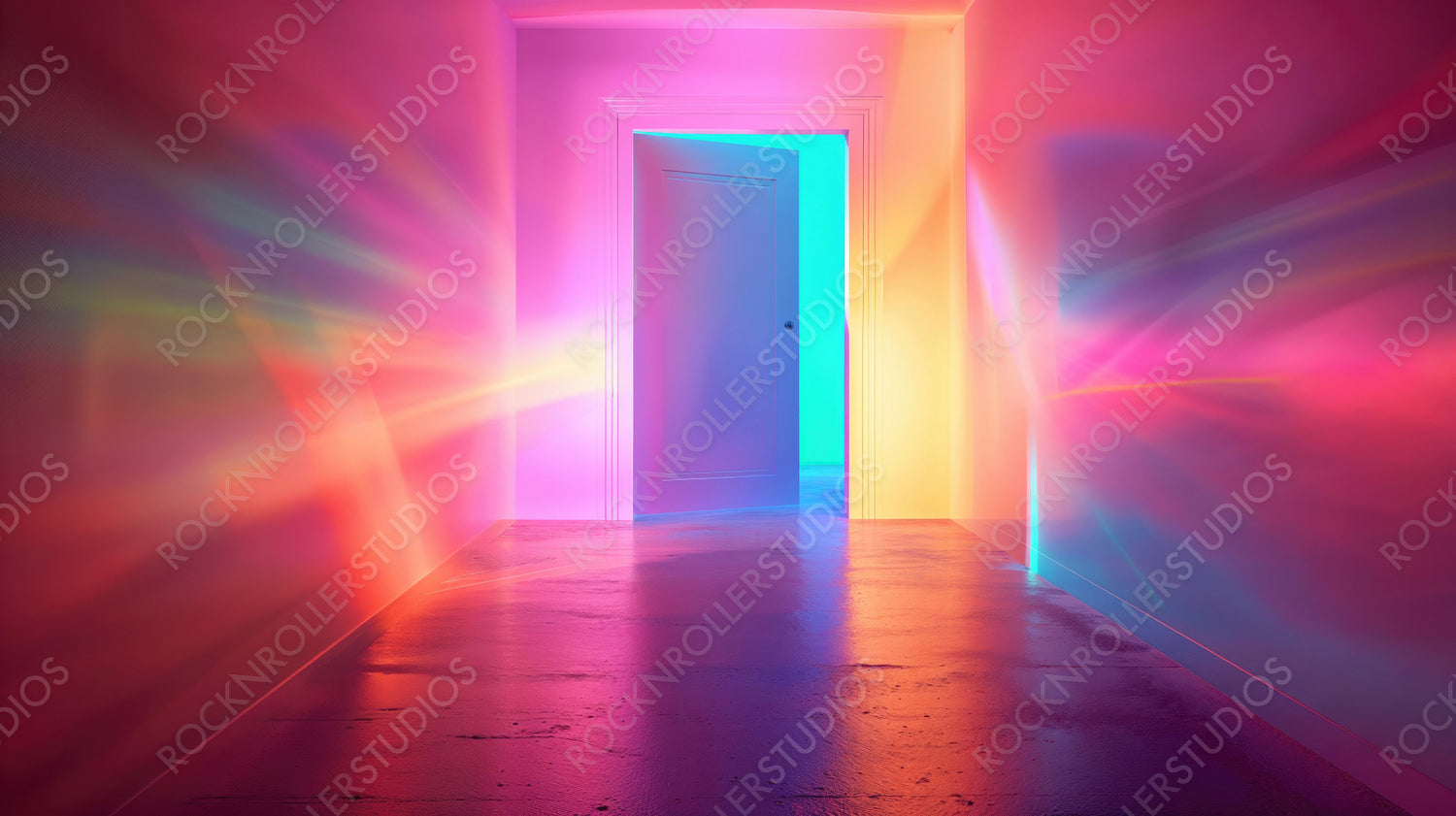 Rainbow Light Through an Open Door in a Colorful Abstract Room