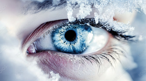 Close-up of a Frozen Blue Eye Surrounded by Icy Snowflakes and Frost