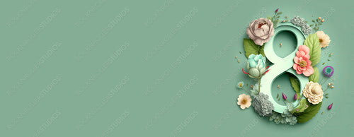 Number 8 in a Green Floral Design. Elegant Botanical Banner with Flowers and copy-space, to Celebrate International Woman's Day. Generative AI