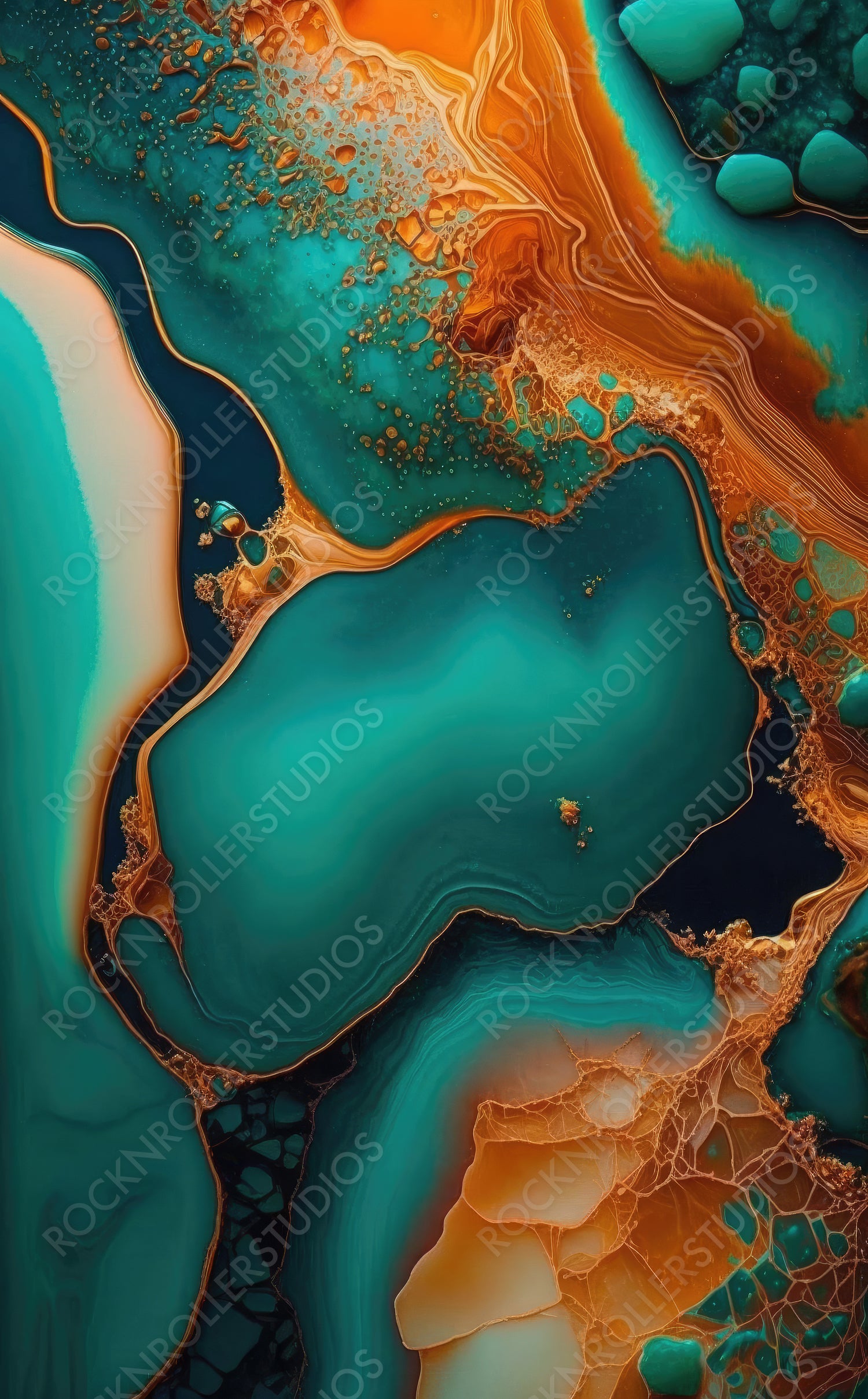 Flowing Abstract Marbling Background in Beautiful Teal and Orange colors. Paint texture with Gold Powder. Generative AI.
