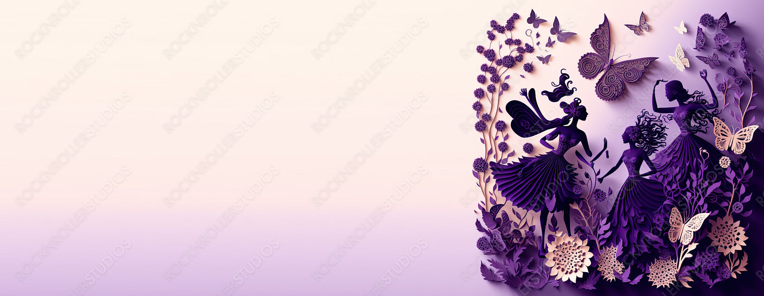 Elegant Paper Cut Banner to Celebrate International Woman's Day. Purple Floral Design with Dancing Women, Flowers and copy-space. Generative AI.
