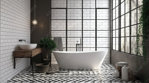 Scandinavian Bathroom Background. Contemporary Interior Design. Generative AI.