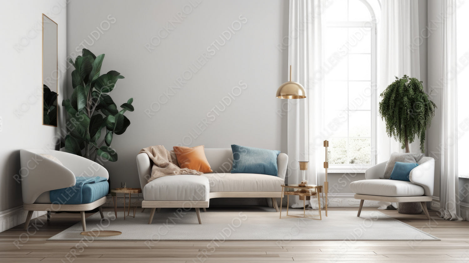 Scandinavian Living Room Background. Contemporary Interior Design. Generative AI.